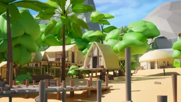 Pirate construction camp with wooden scaffolding, huts, palm trees, and building materials in tropical island setting