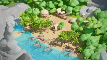 Hidden pirate village in tropical jungle with wooden huts, palm trees, rope bridges, and boats docked at wooden pier