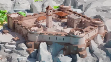 Medieval mountain fortress with stone walls, circular towers, courtyard, and defensive architecture built into rocky cliffs