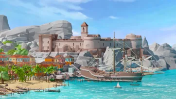 Colorful colonial pirate port with fortress walls, bell tower, sailing ships, and Mediterranean-style buildings overlooking blue harbor