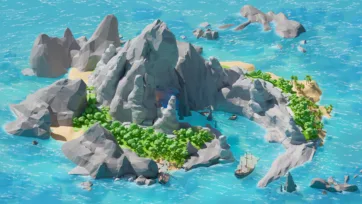 Low poly 3D pirate island with rocky cliffs, tropical vegetation, sailing ships, and hidden coves in turquoise ocean waters