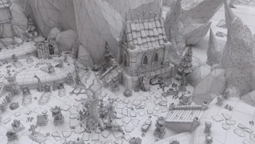 Detailed wireframe view of 3D low poly gothic crypt and medieval architecture showing polygon topology and mesh structure in dark valley environment