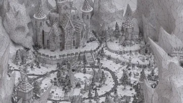 Complete wireframe view of 3D low poly dark valley scene showing polygon topology, mesh structure of medieval castle, mountains, and environment assets