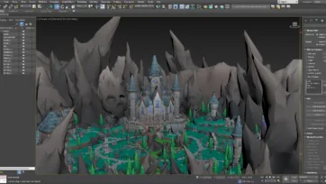 3ds Max viewport displaying 3D low poly dark valley scene with medieval castle, skull mountains and comprehensive polygon modeling development interface
