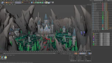 Cinema 4D scene with organized layer structure showing dark valley 3D low poly assets including characters, buildings, and environment elements with color-coded layers