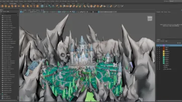 Cinema 4D viewport showing 3D low poly dark valley scene development with skull-shaped mountains, medieval castle and complete scene hierarchy in modeling interface