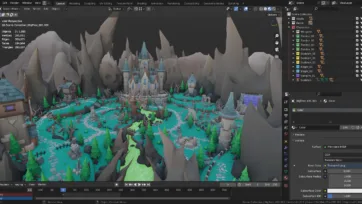 Blender viewport showing 3D low poly dark valley scene development with complete medieval castle, graveyard, and mountain environment in modeling interface