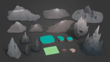 Collection of 3D low poly terrain and mountain elements including skull mountains, rocky formations, water pools and landscape components