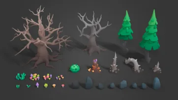 Collection of 3D low poly nature assets featuring dead trees, pine trees, colorful mushrooms, rocks and vegetation elements for dark fantasy environments