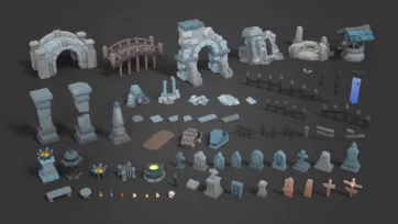 Comprehensive collection of 3D low poly environment props including stone arches, bridges, tombstones, fences, fire braziers and atmospheric decorative elements