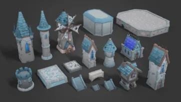 Collection of 3D low poly medieval building assets including castle towers, windmill, platforms, stairs and architectural components for dark fantasy environments