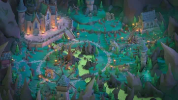 Complete 3D low poly dark valley world overview showing castle, village, graveyard, bridges, paths, towers and comprehensive medieval fantasy environment