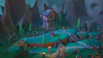 3D low poly medieval watchtower complex with stone bridge, cobblestone paths, pine trees and atmospheric lighting in dark fantasy valley setting