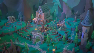 Aerial view of complete 3D low poly graveyard environment with gothic crypt, tombstones, winding stone paths, fire braziers and atmospheric mountain setting