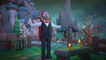 3D low poly vampire character with pale skin and formal attire standing in atmospheric graveyard with medieval castle backdrop and candle lighting