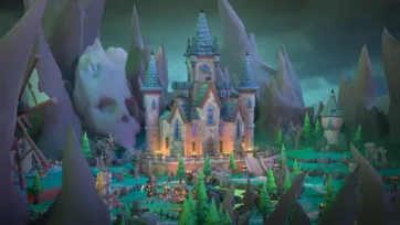 Panoramic 3D low poly dark valley scene with skull-shaped mountain backdrop, illuminated medieval castle, stone paths, and atmospheric lighting throughout spooky landscape