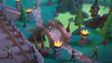 3D low poly stone bridge crossing forest stream with pine trees, fire braziers, characters and atmospheric medieval fantasy environment
