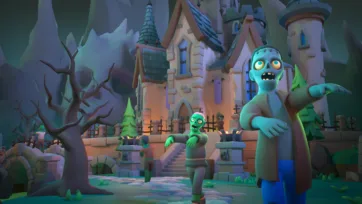 3D low poly zombie characters gathering at illuminated medieval castle entrance with stone architecture, dead trees and atmospheric lighting