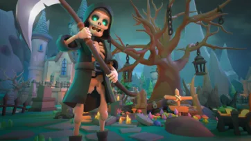 3D low poly grim reaper with large scythe in spooky cemetery setting with dead trees, tombstones, colorful gems and atmospheric lighting