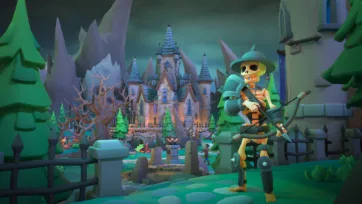 3D low poly skeleton archer with bow standing on castle ramparts with iron fence, medieval architecture and atmospheric valley background