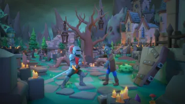 3D low poly medieval knight fighting zombie in atmospheric graveyard with tombstones, dead trees, castle backdrop and candle lighting