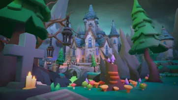 3D low poly enchanted forest scene with illuminated medieval castle, colorful mushrooms, stone bridge and magical atmospheric lighting
