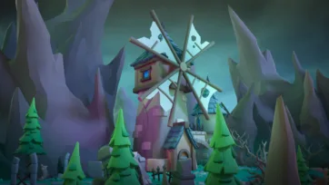 3D low poly medieval windmill with rotating blades surrounded by village buildings, pine trees and atmospheric mountain landscape