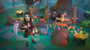 3D low poly grim reaper character with scythe standing among scattered colorful gems, treasure chests and mystical cave environment