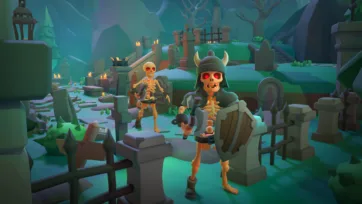 3D low poly skeleton warriors with horned helmet and bow in spooky graveyard with tombstones, fire braziers and atmospheric lighting