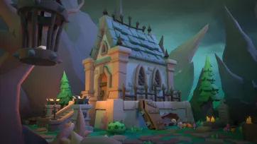 3D low poly gothic crypt entrance with ornate stone architecture, iron spikes, warm interior lighting, treasure chests and atmospheric mountain backdrop