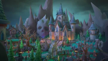 3D low poly haunted medieval castle with multiple towers, warm interior lighting, dead trees, and eerie atmospheric effects in dark mountain valley
