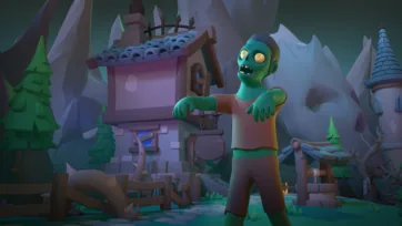 3D low poly zombie character at medieval blacksmith forge with anvil, tools, stone buildings, and atmospheric lighting in dark fantasy setting