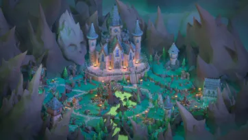 Complete 3D low poly dark valley scene showing medieval castle, village, winding paths, towers, and atmospheric lighting in mountainous landscape