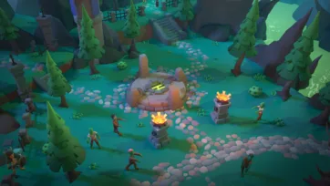 3D low poly mystical forest clearing with ancient stone altar, glowing fires, pine trees, and characters gathered around magical ritual site