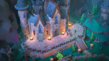 3D low poly medieval castle courtyard with stone towers, arched windows, warm lighting, wooden structures and atmospheric mountain backdrop
