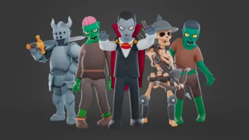 Five 3D low poly dark fantasy characters featuring armored knight, zombie, vampire, skeleton archer, and monster for horror game assets