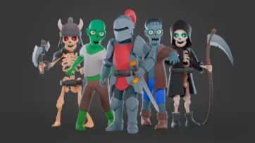 Group of 3D low poly undead and medieval characters including skeleton warrior, zombie, knight, and grim reaper standing together