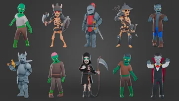 Collection of 3D low poly dark fantasy characters including zombies, skeletons, armored knights, reaper, and vampire for game development