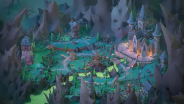 Aerial view of 3D low poly medieval castle complex with towers, village buildings, stone paths, and evergreen forest in dark atmospheric valley setting