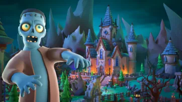 3D low poly zombie character with glowing eyes standing in front of illuminated medieval castle in dark atmospheric valley with pine trees and stone architecture