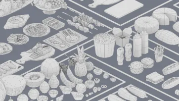 3D wireframe collection showing low poly food asset polygon structure and mesh topology for optimization in game development