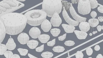 3D wireframe view of low poly food models showing geometric mesh structure and polygon topology for game asset development