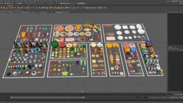 Maya 3D software workspace showing low poly food pack modeling project with organized kitchen and dining assets for game development