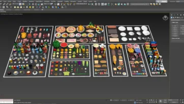 3ds Max software interface displaying 3D low poly food collection with organized kitchen assets and modeling workspace for game development