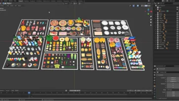 Blender 3D software workspace showing comprehensive low poly food pack development with organized kitchen items and food assets collection