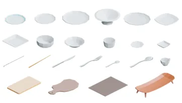 3D low poly kitchen tableware collection featuring white plates, bowls, cutting boards, utensils and dining accessories in geometric isometric style