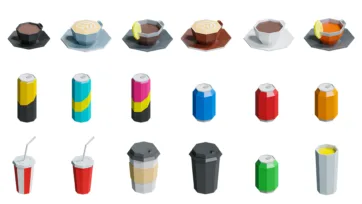 3D low poly hot beverages and drinks featuring coffee cups, tea sets, soda cans, energy drinks and beverage containers in geometric style