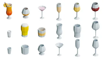 3D low poly drinkware collection with wine glasses, beer mugs, cocktail glasses, coffee cups and beverage containers in isometric style