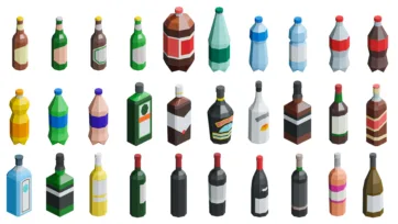 3D isometric beverage bottles including wine, beer, spirits, soda bottles and alcoholic drinks in colorful low poly geometric style