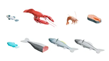 3D low poly seafood collection featuring fish, lobster, shrimp, salmon steaks and marine food items in geometric isometric design